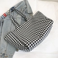 Bolso tote grande de lona de cuadros vichy blanco y negro sobre tela vaquera - Negro