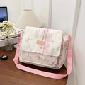 Sac bandoulière en toile avec imprimé papillon de style chinois beige et rose - Rose