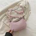 Pink sequined underarm bag with thin strap, decorative pearl and metal chain detail - Pink