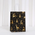 Premium black Christmas gift bag with gold foil reindeer and tree patterns and white rope handles - 051-4; Kraft Paper Bag; Height 21cm * Length 15cm * Width 8cm