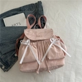 Pink ribbon bow backpack with textured fabric and Nika embroidery for women - Pink