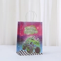 Happy Birthday paper gift bag featuring green monster truck and racing flag print - Monster Truck Pattern Style 2 (560-2)