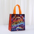 Laminated non-woven Happy Birthday gift bag with rainbow design and orange handles - Blue Rainbow Balloon Style (5810-3) / 23x22x11cm