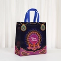 Waterproof Diwali gift bag with purple mandala patterns and blue handles on white background - Deep Purple Mandala Fireworks Style