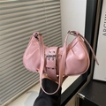 Pink glossy crescent underarm bag with decorative metal buckle and adjustable straps - Pink