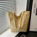 Yellow and white checkered canvas tote bag with shoulder straps and handmade leather label - Yellow Without Pendant