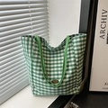 Green and white checkered canvas tote bag with top handles and handmade metal label - Green Without Pendant