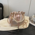 Pink jacquard bucket bag with pearl handle and ribbon detail for Chinese style - Pink