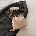 Pink bucket bag with gold floral embroidery, pearl handle and chain strap - Pink Large Flower