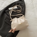 Chic pleated bucket bag in creamy white PU leather with gold fashion typography - No Pendant / White