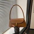 Bolso de hombro retro marrón con cierre dorado y cuero sintético liso para mujer - Marrón