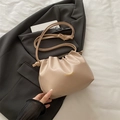 Beige pleated cloud bucket bag with thin shoulder strap and gold lettering detail - No Pendant / Khaki