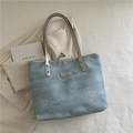 Blue denim tote bag with silver polka dots and metallic handles for women - Light Blue