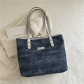 Dark blue denim tote bag with silver handles and white polka dots for women - Dark Blue