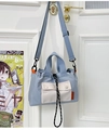 Detailed view of blue nylon crossbody bag with beige pocket hanging on a door handle - Light Blue