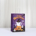 Halloween purple paper gift bag with ghost and pumpkin designs and white handles - Ghost Cat Tombstone Style (553-4)