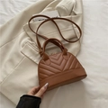 Elegante bolso de mano acolchado marrón con diseño en V y asa superior para mujer - Marrón
