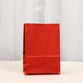 Close-up of shiny red metallic gift bag featuring white twisted paper rope handles - Red
