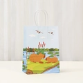 Detail of light blue Capybara gift bag with braided handles and nature illustration - Capybara Meadow Habitat Style (550-6) / 21x15x8