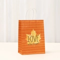 Orange striped kraft paper gift bag with maple leaf and LOVE Harvest print for Thanksgiving - Orange Horizontal Striped Maple Leaf Style (552-1)