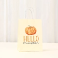 Detail of Hello Pumpkin kraft paper bag with orange pumpkin print and white rope handle - Beige Pumpkin Polka Dot Style (552-6)