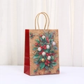 Vintage Christmas kraft paper gift bag with holly berry prints and natural rope handles - Holly Berries Style (049-2)