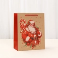 Sac cadeau de Noël en papier kraft brun avec motif Père Noël et poignées rouges - Illustration Père Noël (N1804-1) / 23x18x10cm