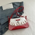 Borsa a tracolla stile balletto con tessuto a scacchi rossi e balze in raso a strati - Rosso