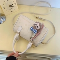 White cartoon embossed cylinder bag with teddy bear pattern and plush monkey charm - Cream White with Pendant