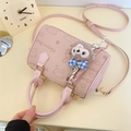 Pink cartoon embossed pillow bag with Flenevv Bear print and plush bear charm - Pink With Pendant