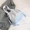 Sweet floral nylon bag with blue plaid patterns and delicate white lace trim details - Blue