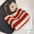 Borsa tote in tela a righe rosse e bianche con doppi manici lunghi in stile vintage - Rosso
