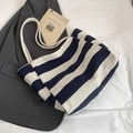 Borsa tote in tela a righe blu navy e beige con manici in corda per viaggi e lavoro - Blu