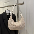 Chic beige woven hobo shoulder bag with white leather knotted strap in crescent shape - White