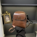 Brown vintage faux leather crossbody phone bag with white stitching and gold hardware - Brown