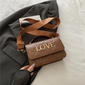 Brown quilted crossbody bag with golden LOVE metal letter logo and wide strap - Brown