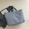 Blue and white gingham check canvas tote bag with spacious interior and long straps - Blue