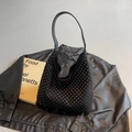 Elegant black hobo bag with sparkling silver rhinestones and premium leather strap - Silver