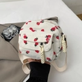 Beige Cord Umhängetasche mit Erdbeerdruck und gewebtem Reißverschluss für Damen - Weiß