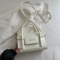 Creamy white minimalist square handbag with gold Fashion text and adjustable strap - White