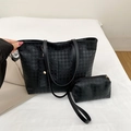 Set borsa tote nera retrò con motivo pied de poule e pochette interna coordinata - Nero