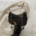 Dark grey tweed hobo bag with sparkling rhinestones and silver chain strap details - Black