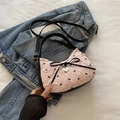 Pink pleated underarm bag featuring black ribbon embroidery and heart metal charm - No Pendant / Pink