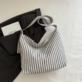 Minimalist beige striped canvas tote bag with large capacity and soft shoulder strap - Blue