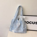 Blue and white gradient floral embroidery tote bag with a lace bow decoration - With Scarf Style / Blue