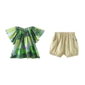 Girls' summer set featuring green leaf print flutter sleeve top and beige shorts - Forest Green/Khaki / 80cm