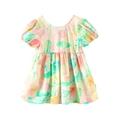 Girl's short-sleeved puff sleeve dress with colorful floral watercolor print - 80 / Pink