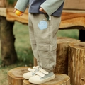 Boys khaki cotton cargo pants with blue cloud embroidery and elastic cuffs for kids - 120cm / Bamboo Wood