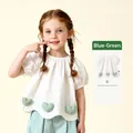 Girls' summer set with white puff sleeve heart top and teal shorts in soft cotton - Blue Shirt / 100cm