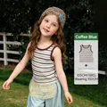 Canotta estiva a righe per bambina in marrone e azzurro con berretto in maglia abbinato - Caffè Blu / 100cm